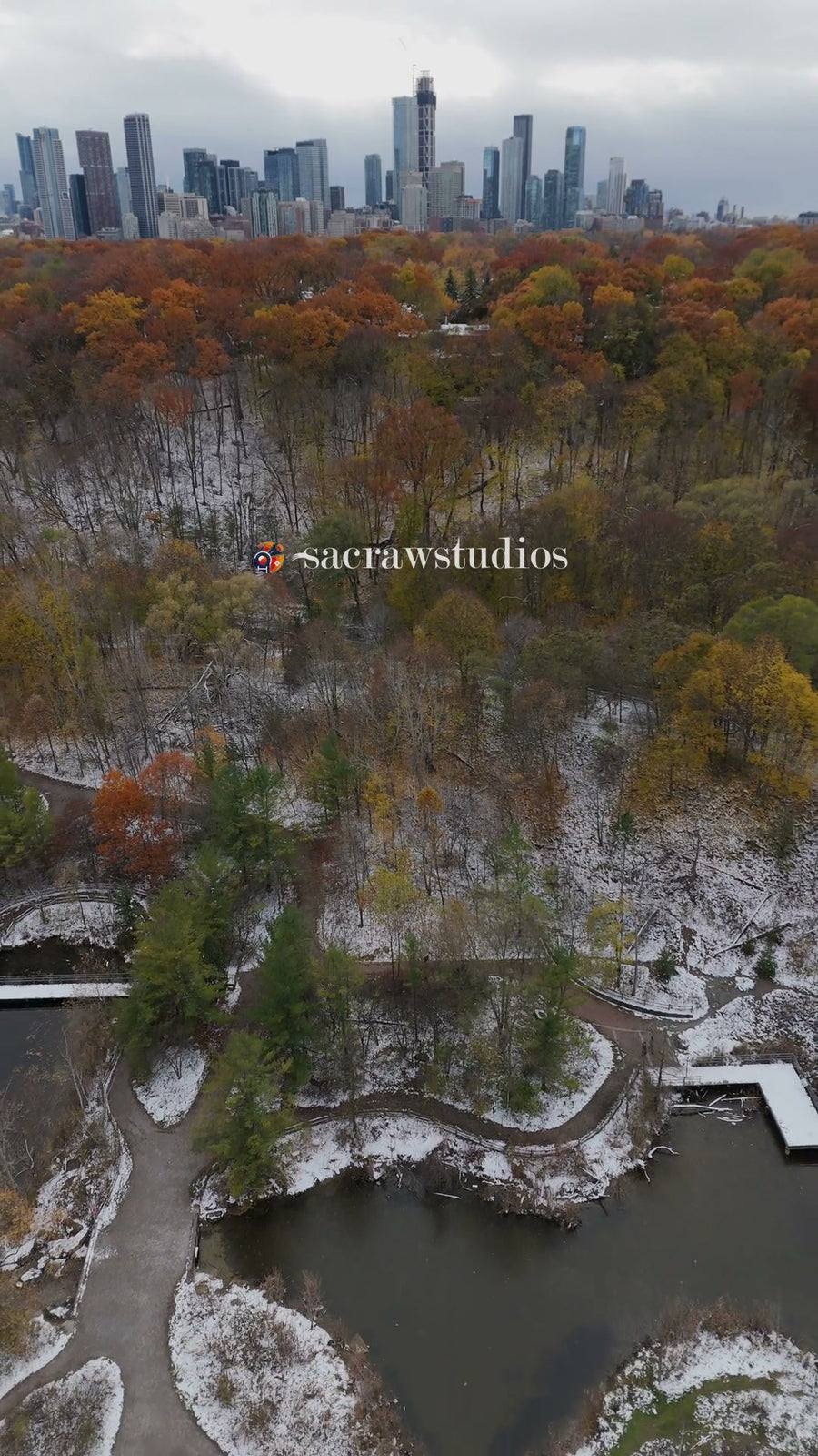 Toronto Ravine in Autumn Snow with Skyline - Aerial