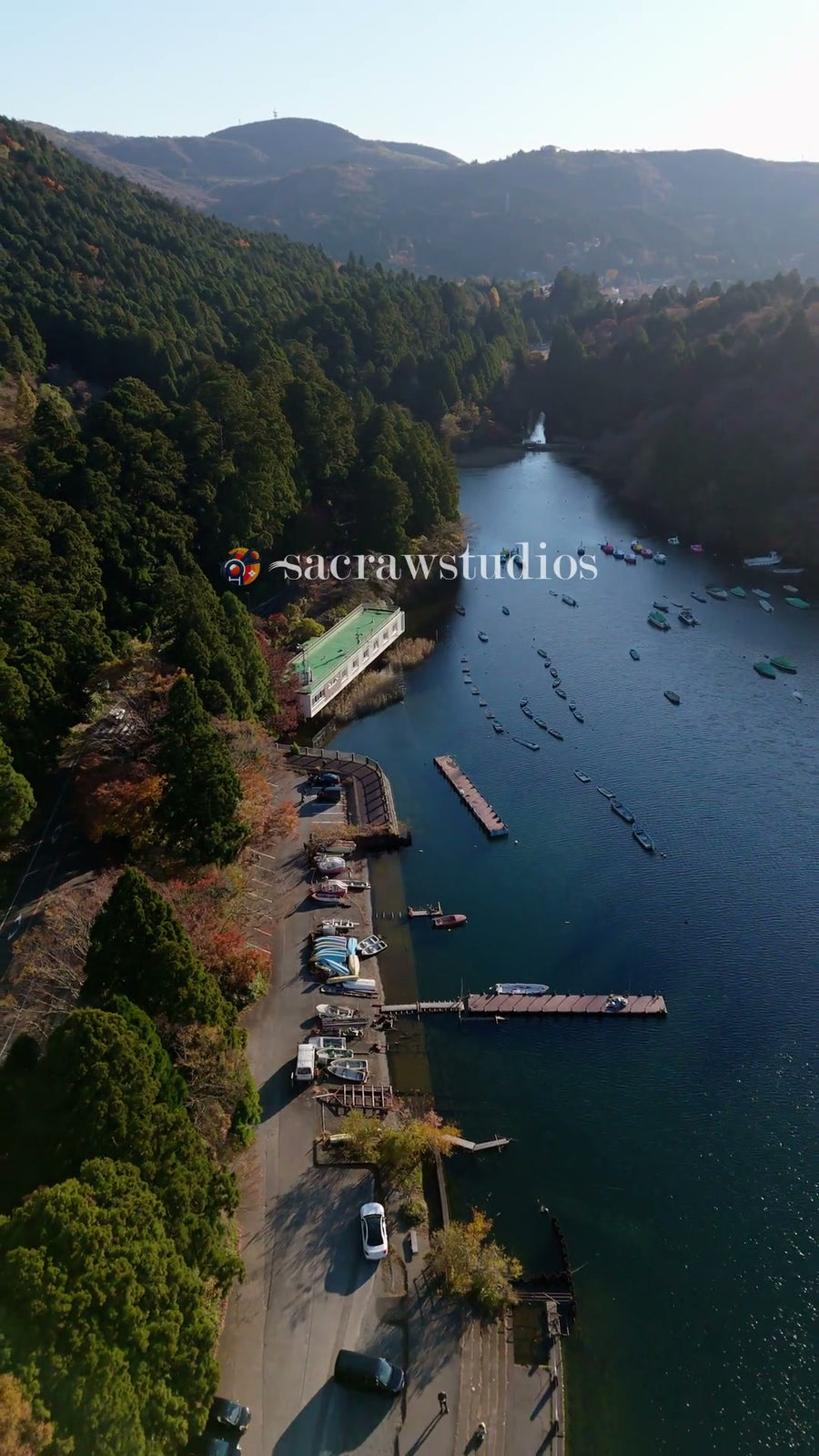 Lake Ashi Marina Boats Autumn Mountains - Aerial
