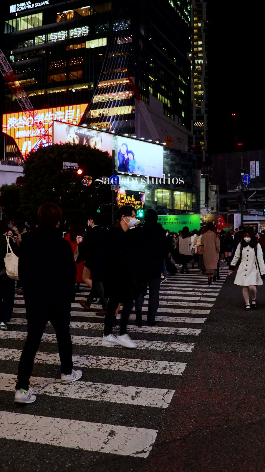 Shibuya Crossing Nightlife Traffic - Street Level