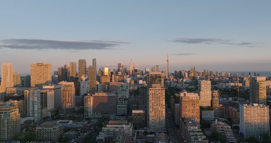 Toronto Skyline Sunset with Warm Golden Light - 4K Aerial