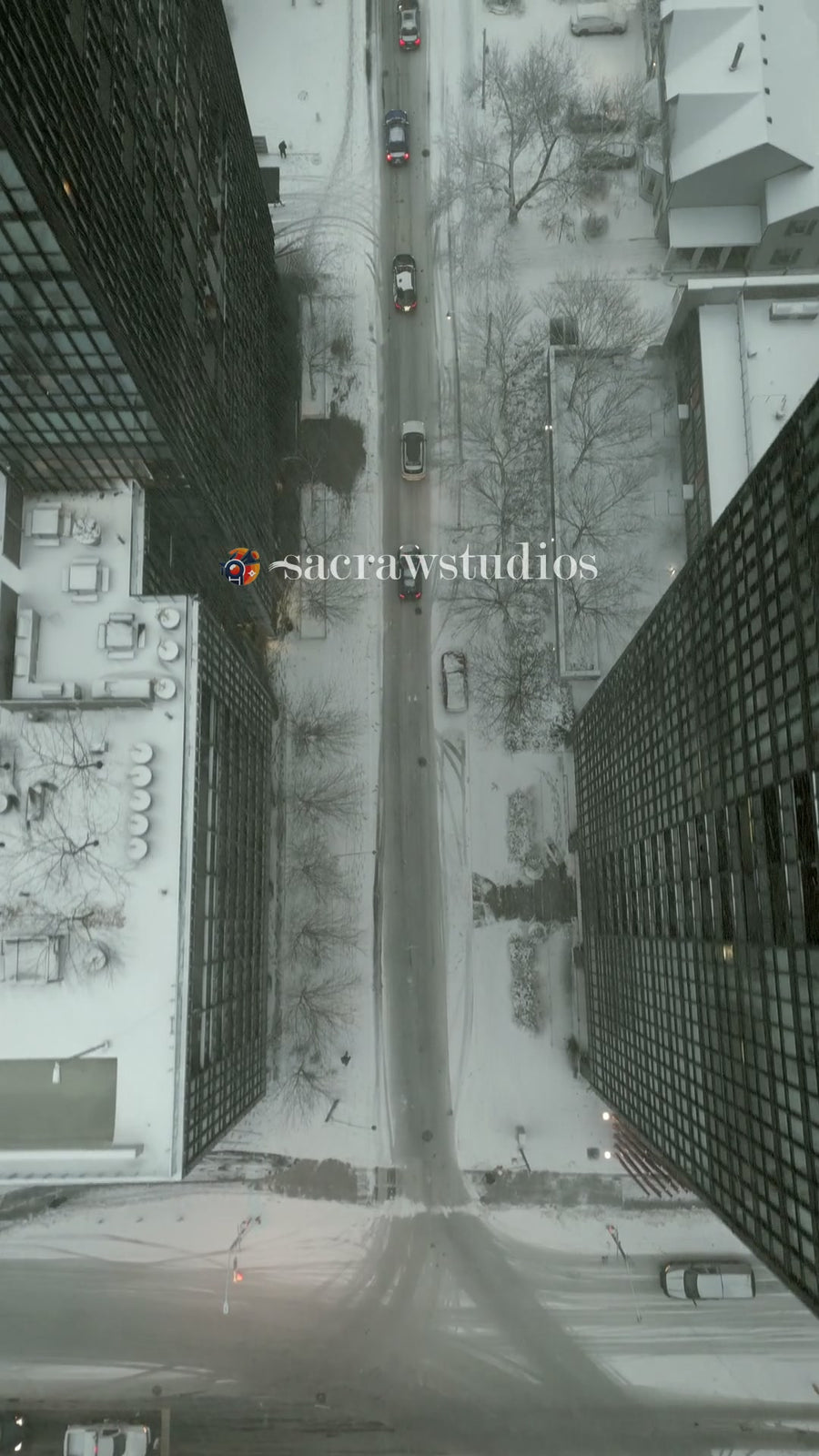Toronto Downtown Street Snowstorm Traffic - Top Down