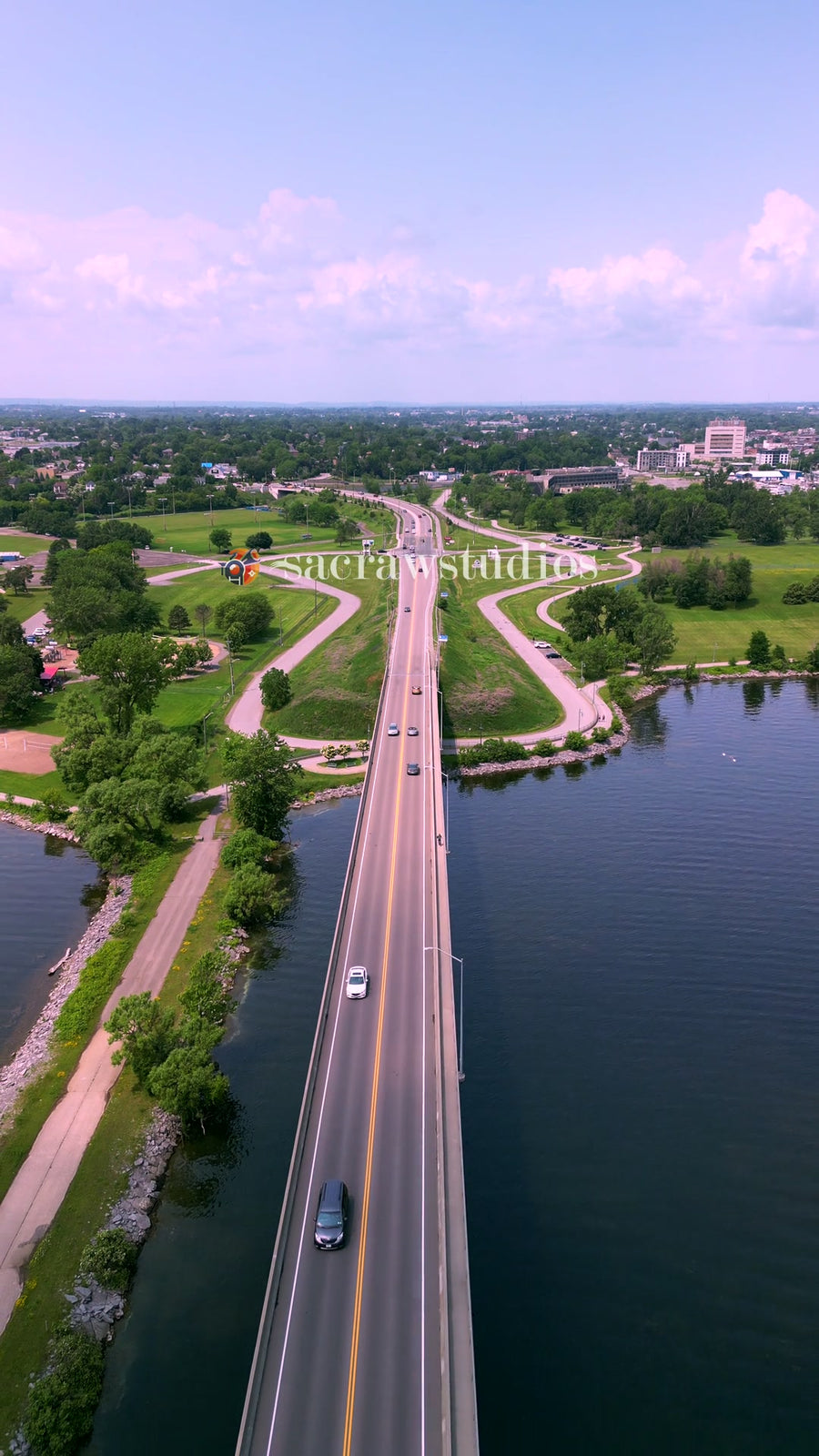 Belleville Bay Bridge Traffic Summer Day - Aerial