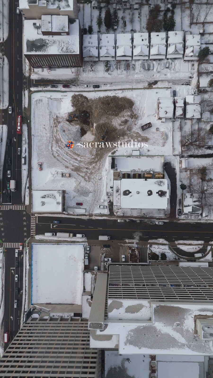 Winter Construction Site in Snow - Top Down