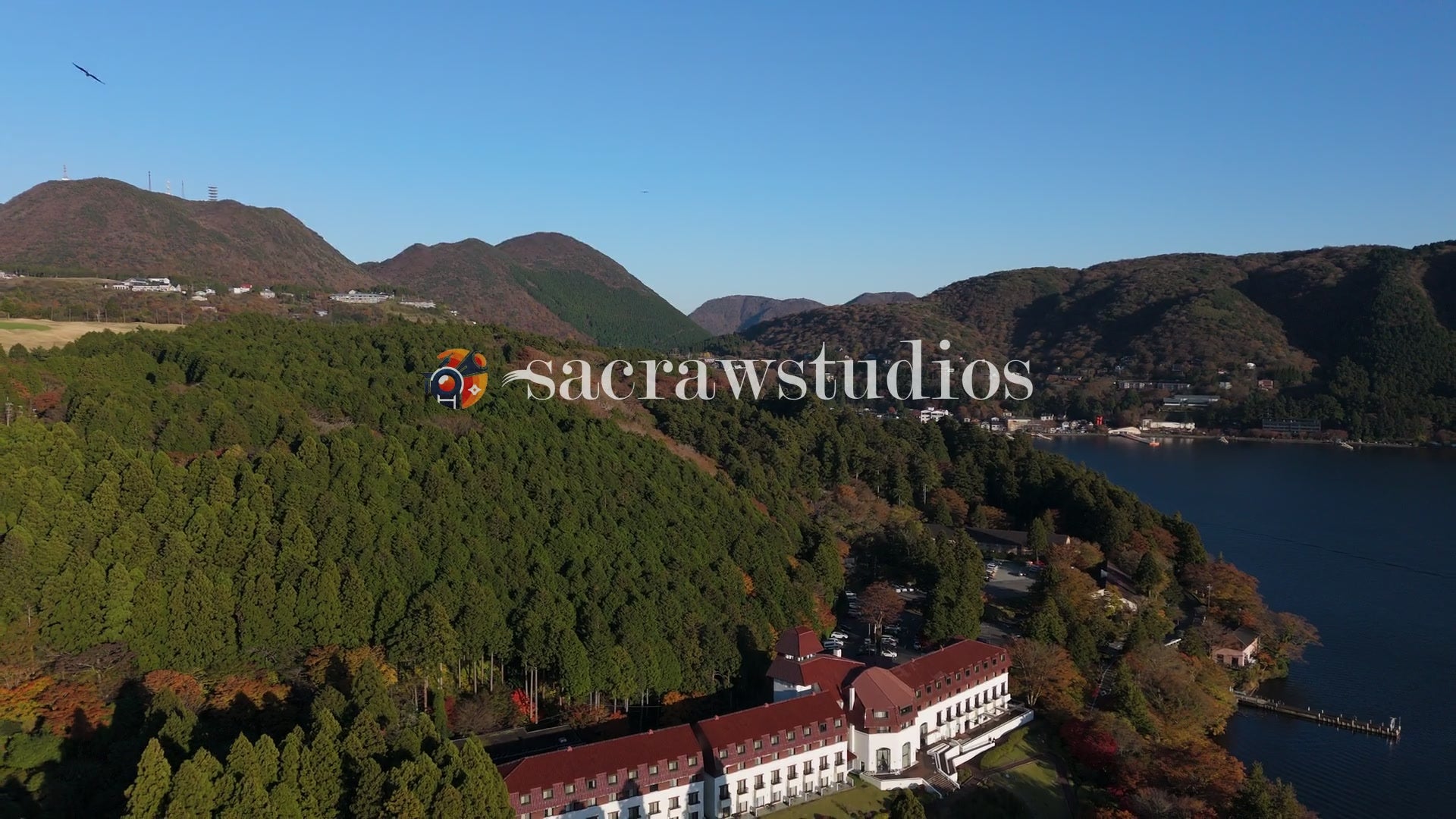 Lake Ashi Hakone Forest Resort Autumn Day - Aerial in Japan — 4K stock footage