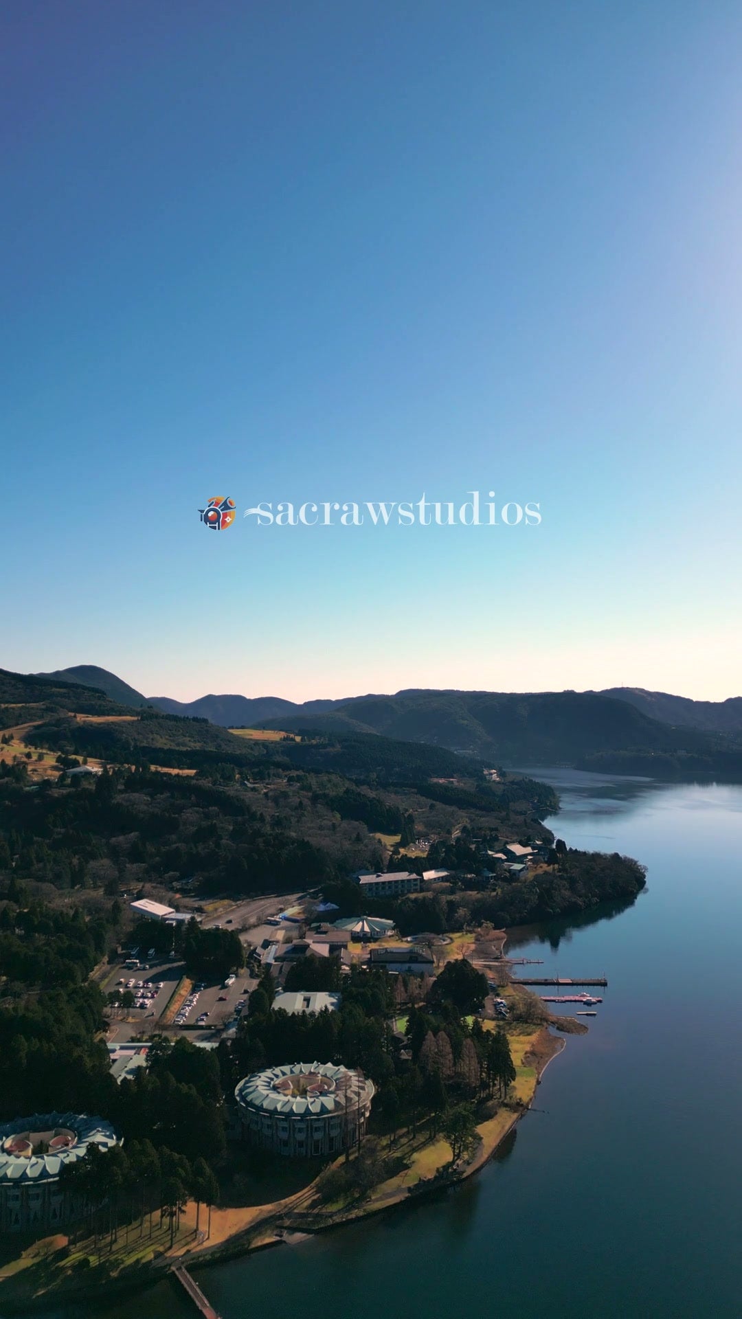 Lake Ashi Scenic Overview Morning - Aerial — 4K stock footage