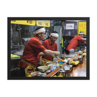 Three Behind the Counter — framed print, black frame