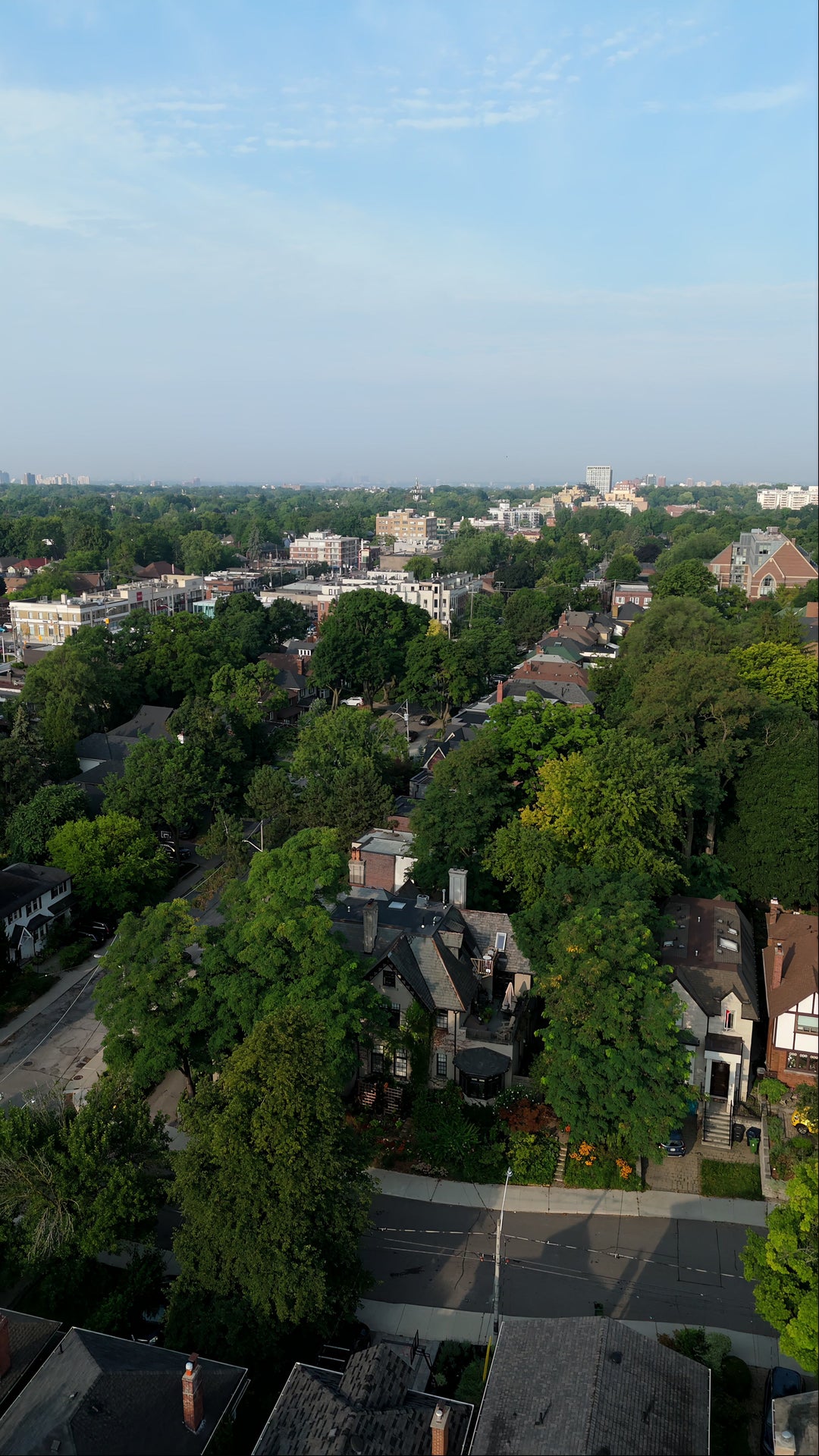 Lush Green Suburban Neighborhood with Distant City Skyline - Aerial in Toronto in summer — 8K stock footage