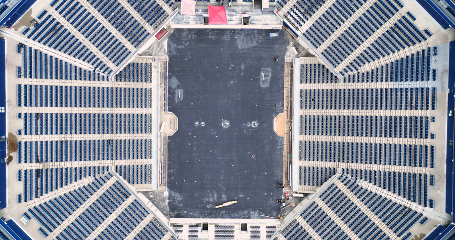 Empty Stadium Blue Seats - 5K Aerial