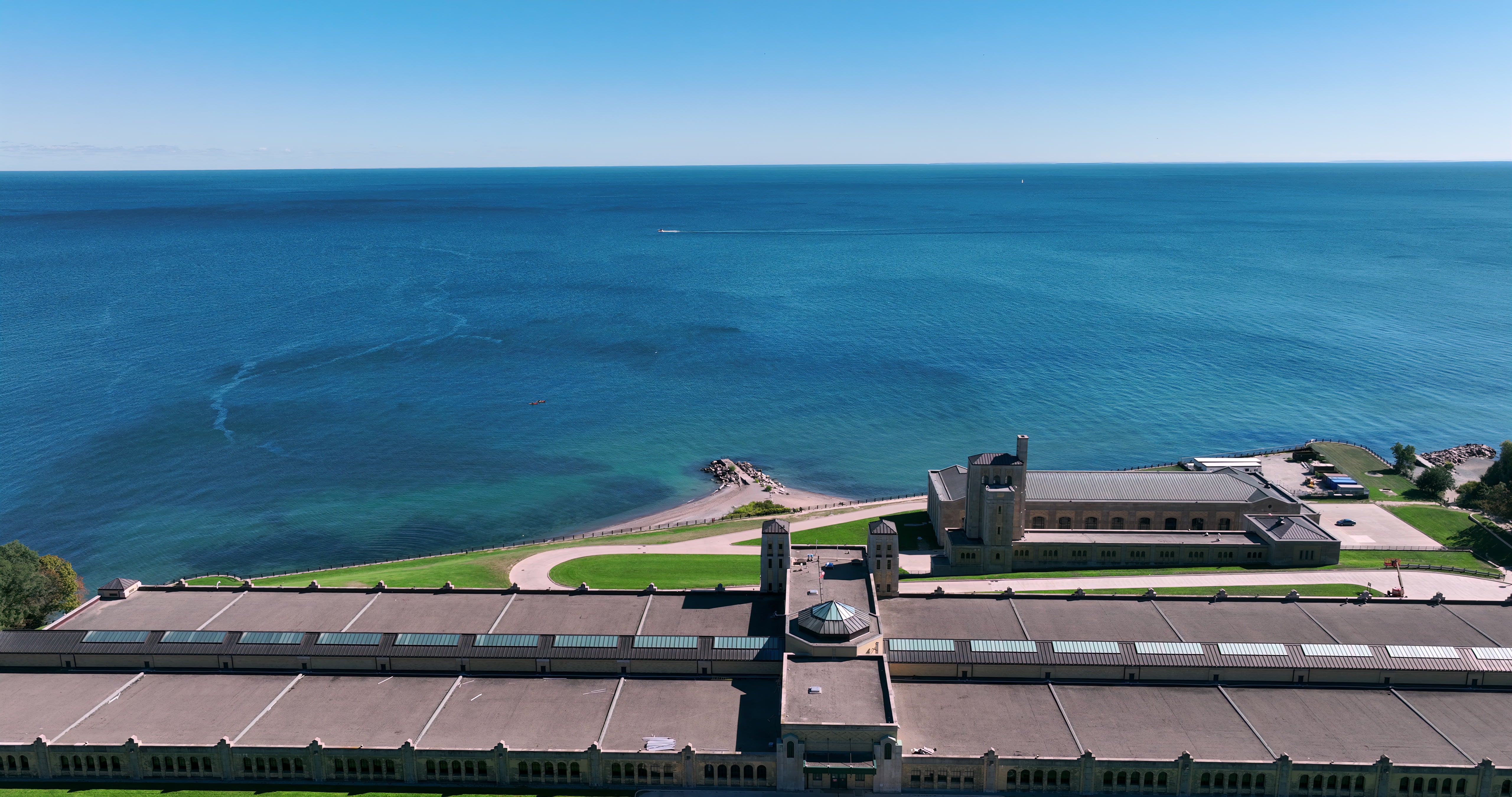 R.C. Harris Water Treatment Plant on Lake Ontario - Aerial in Toronto — 4K stock footage