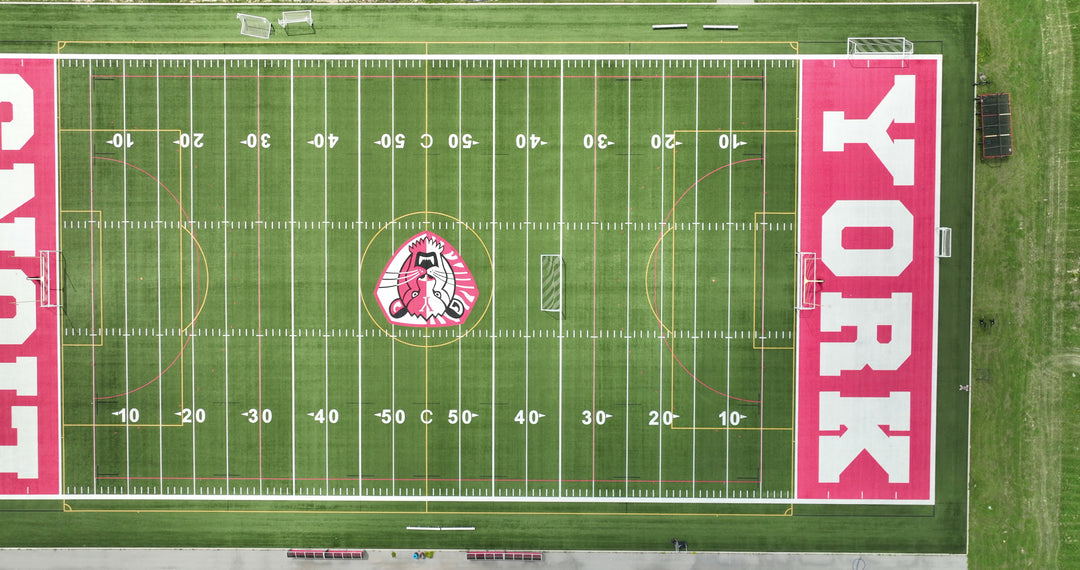 York University Football Field with Lions Logo - 5K Top Down