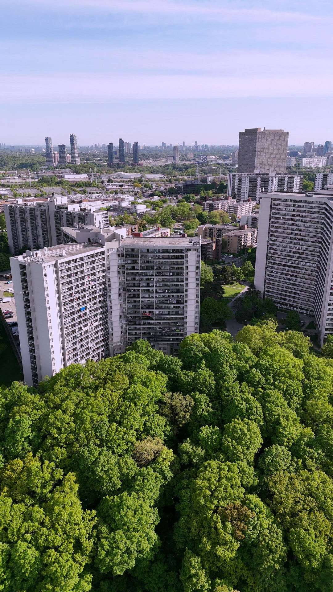 Residential Towers Amidst Lush Forest - Sunny Aerial in Toronto in summer — 4K stock footage