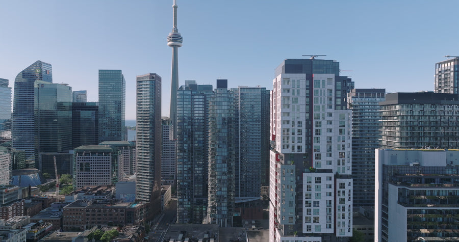 Toronto Downtown Skyline with CN Tower and Modern Condos - 6K Aerial