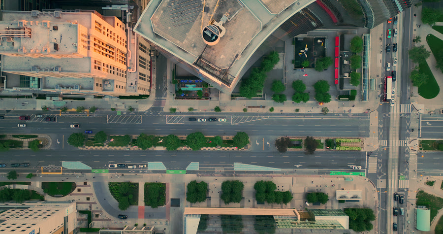Modern City Street Traffic at Golden Hour - Top Down