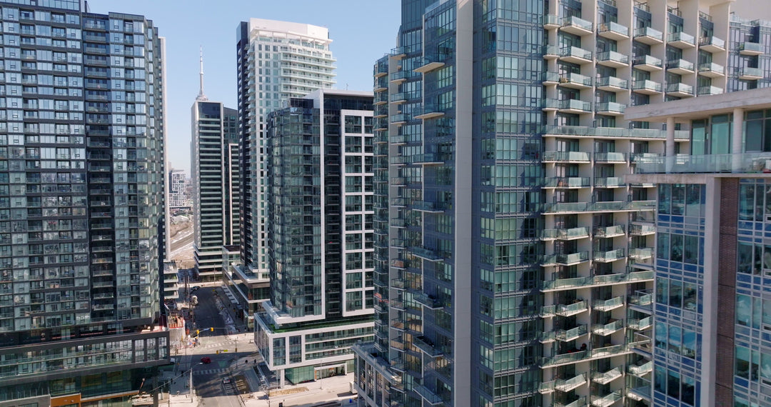 Aerial View of Modern Glass Condo Towers in Downtown Toronto — Premium 4K stock footage