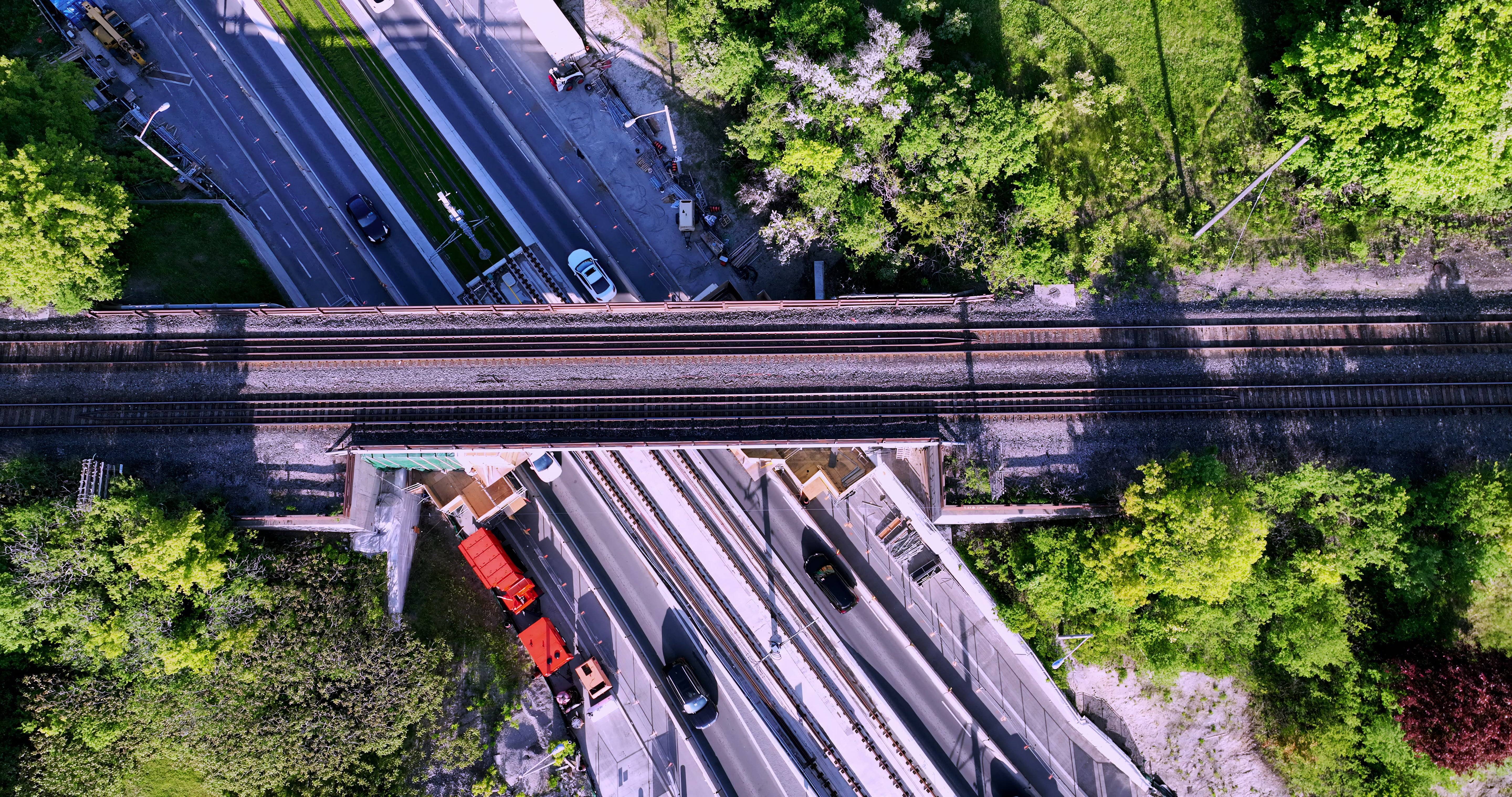 Highway and Railway Bridge Intersection - Top Down — 4K stock footage