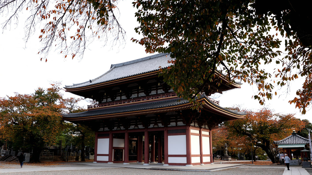Traditional Japanese Temple Gate with Autumn Foliage and Visitors