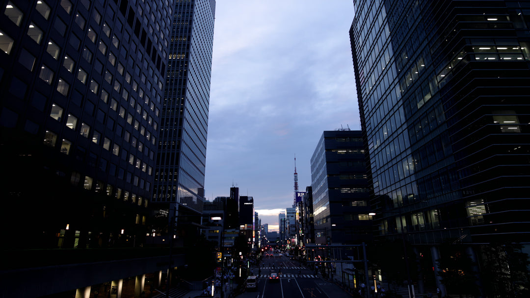 Tokyo City Street at Dusk with Tokyo Tower in Distance