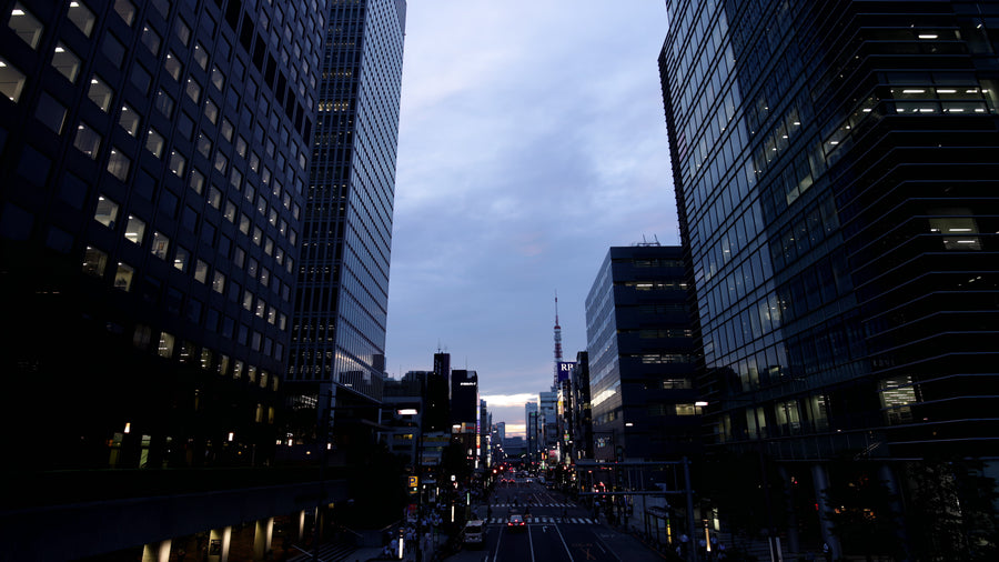 Tokyo City Street at Dusk with Tokyo Tower in Distance