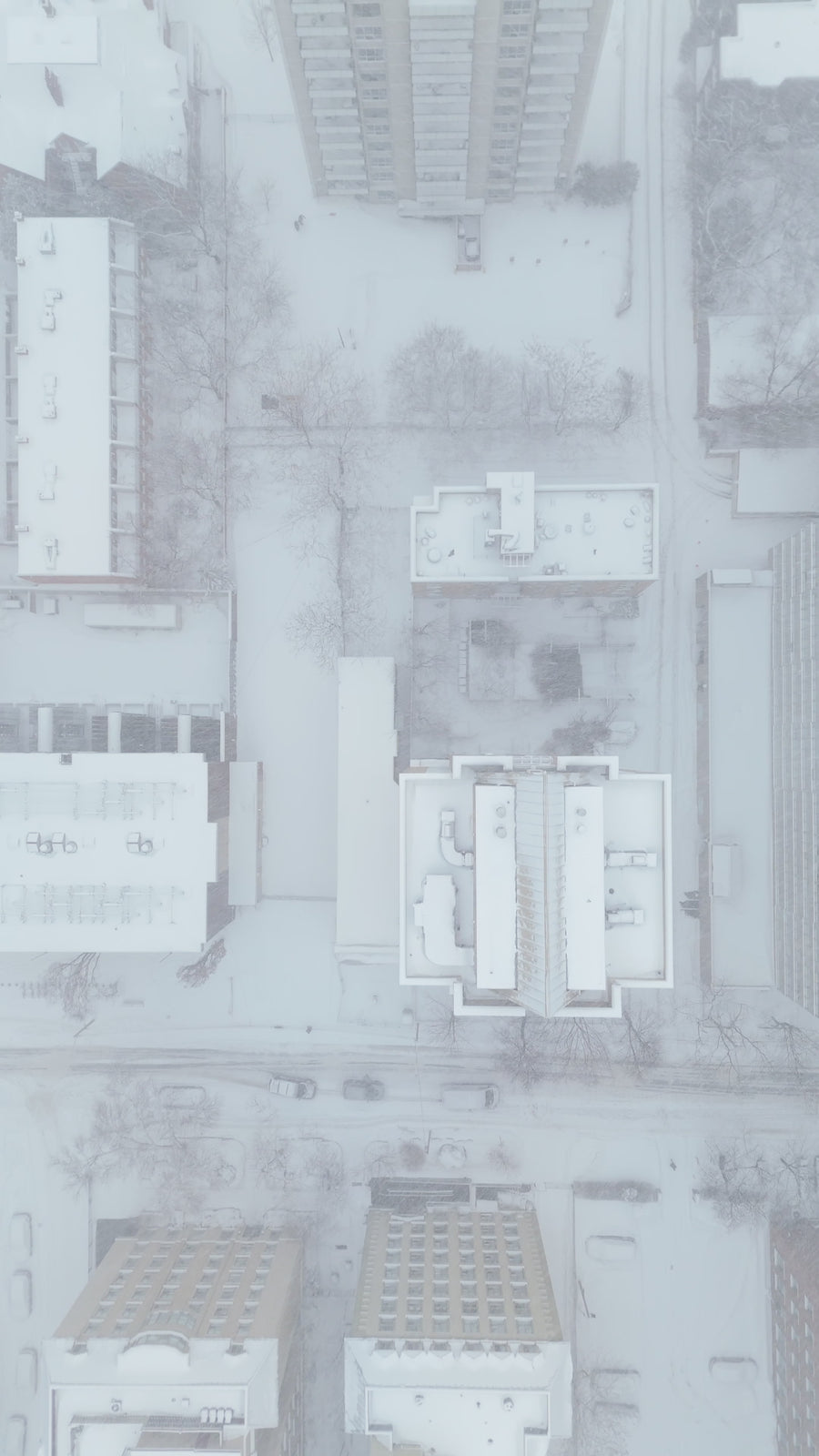 Snowy Toronto Streets in Winter Fog - Descent Aerial