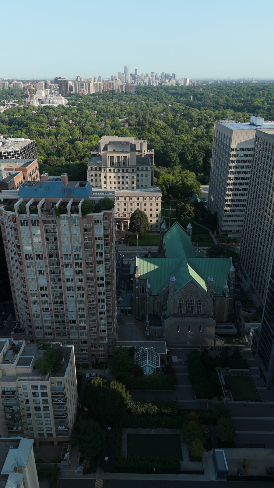 Toronto Historic Church and Skyline - Descent Aerial