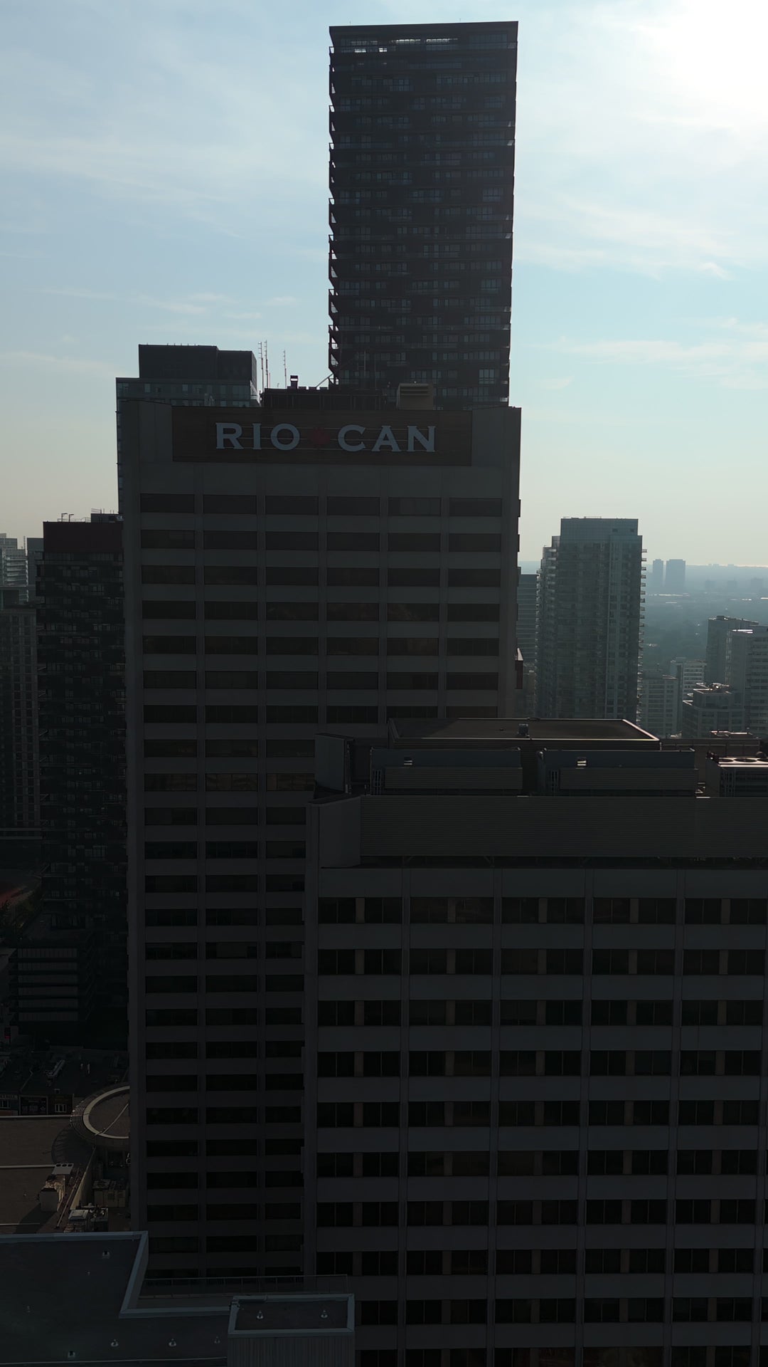 Toronto Rio Can Tower at Sunset - Aerial Pullback — 4K stock footage