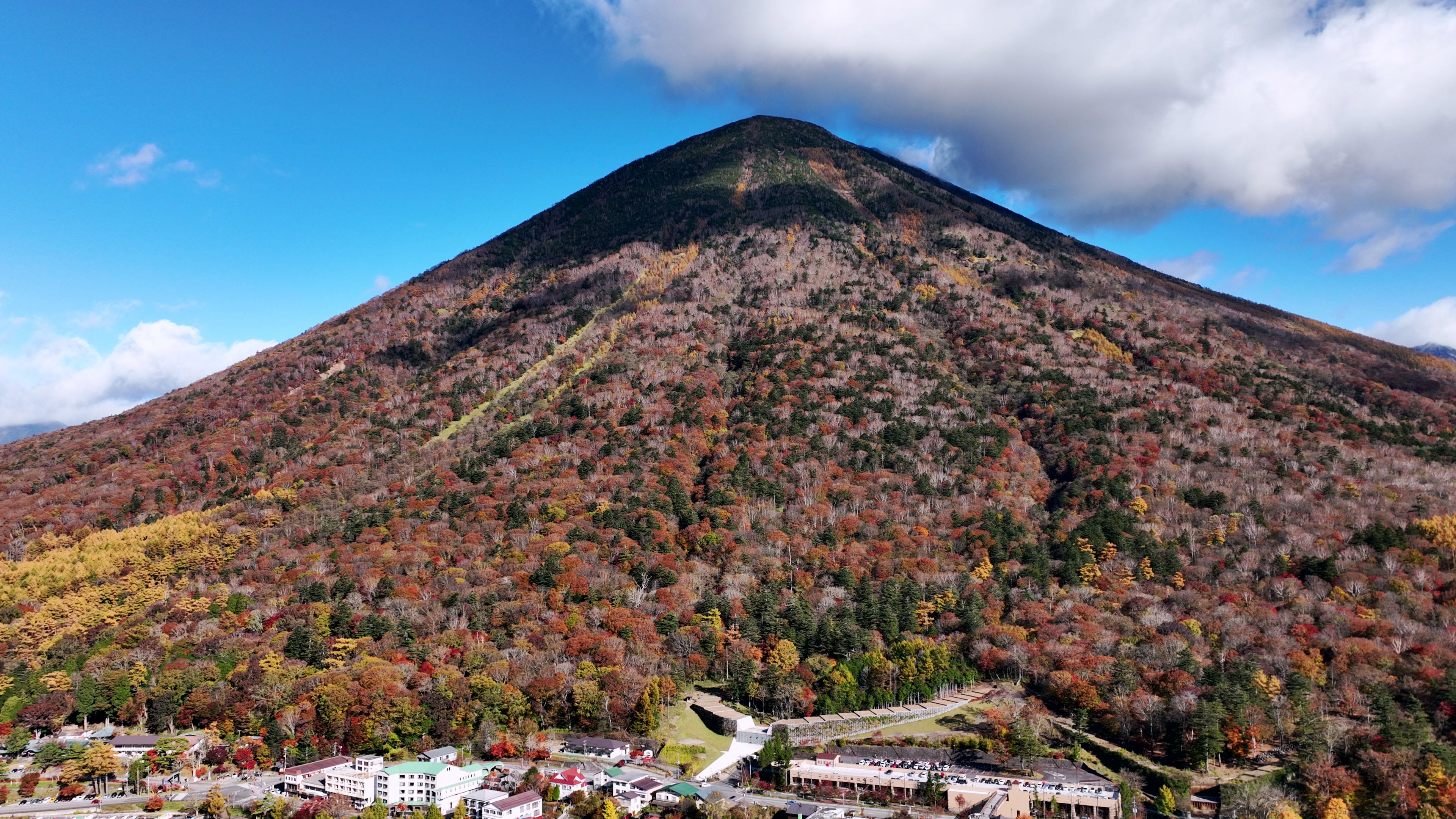 Nikko Autumn Foliage with Lakeside Town - Aerial in Japan — 4K stock footage