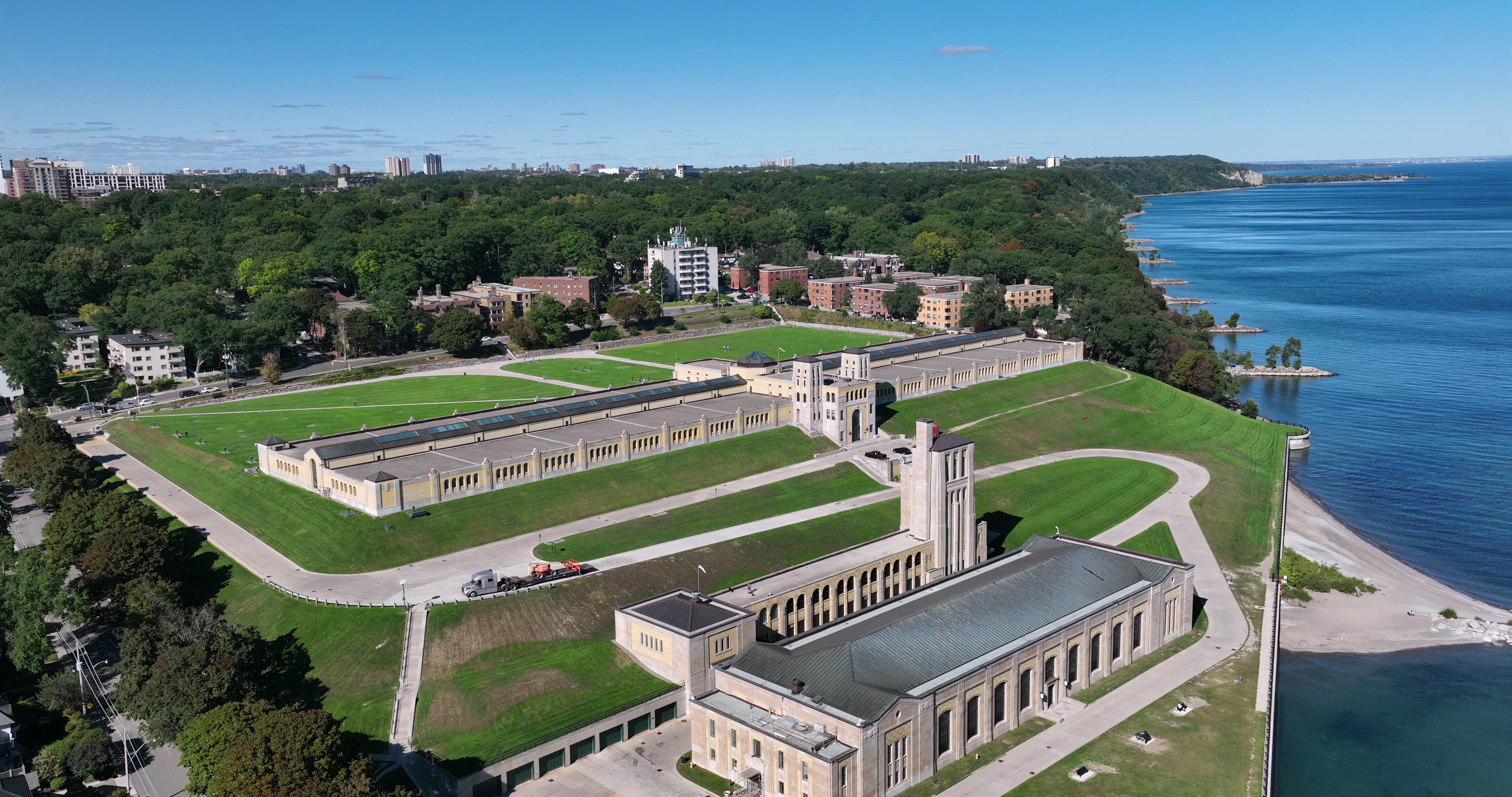 Historic Water Treatment Plant on Lake Ontario - Aerial in Toronto in summer — 4K stock footage