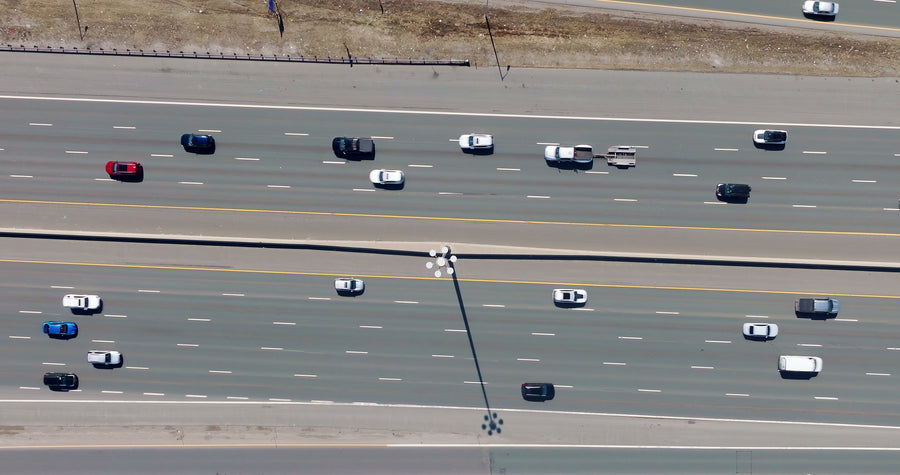 Multi-Lane Highway Traffic Flow - Top Down Aerial