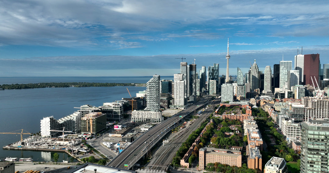 Toronto Skyline and Lake Ontario Waterfront - Aerial — 4K stock footage