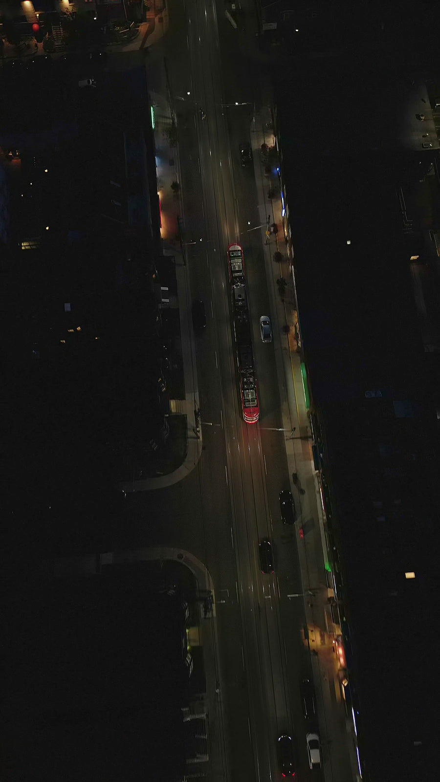 Toronto Red Tram at Night - Top Down Aerial