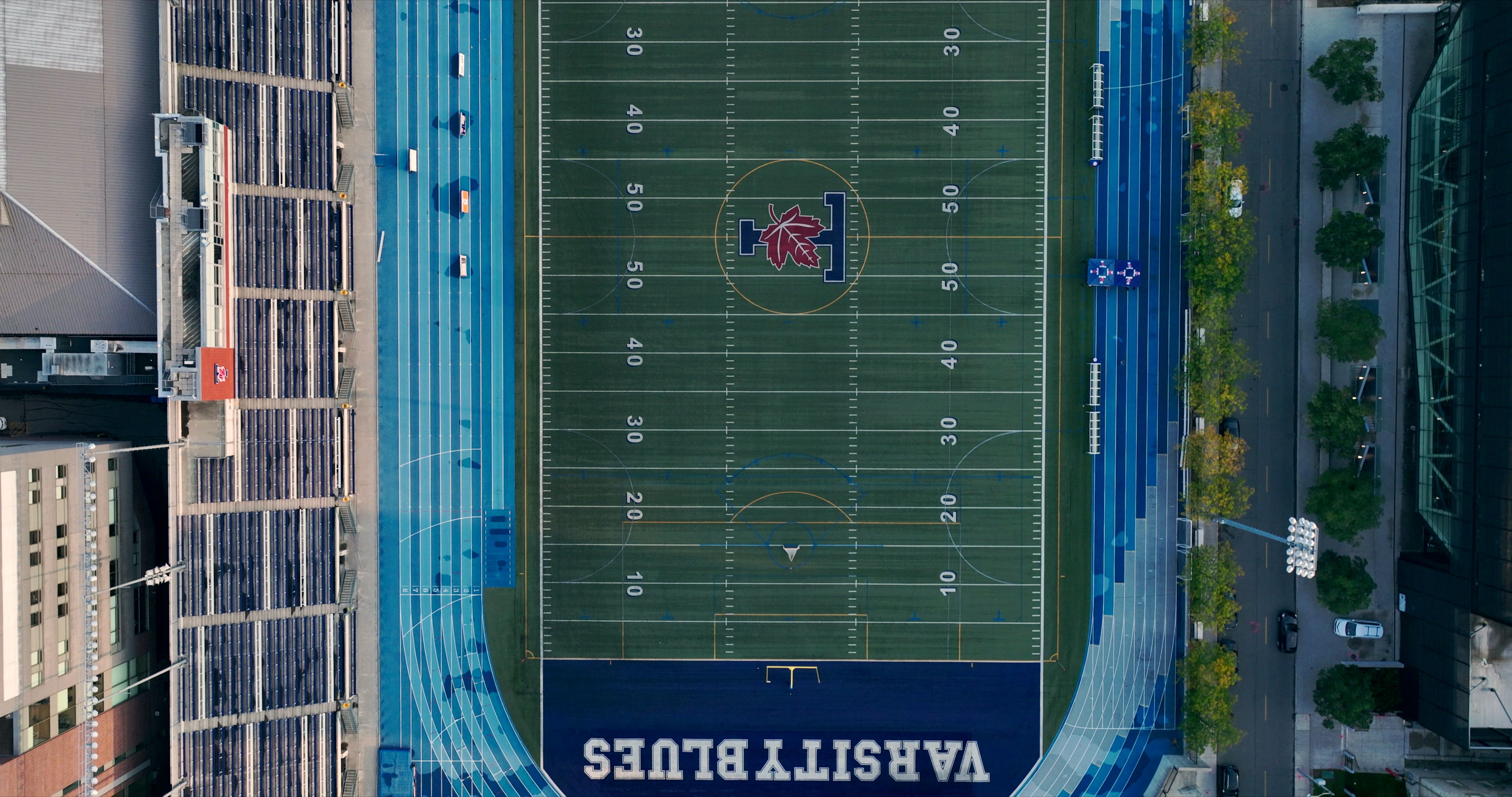 Aerial Top Down View of University of Toronto Varsity Stadium Football Field — Premium 4K stock footage