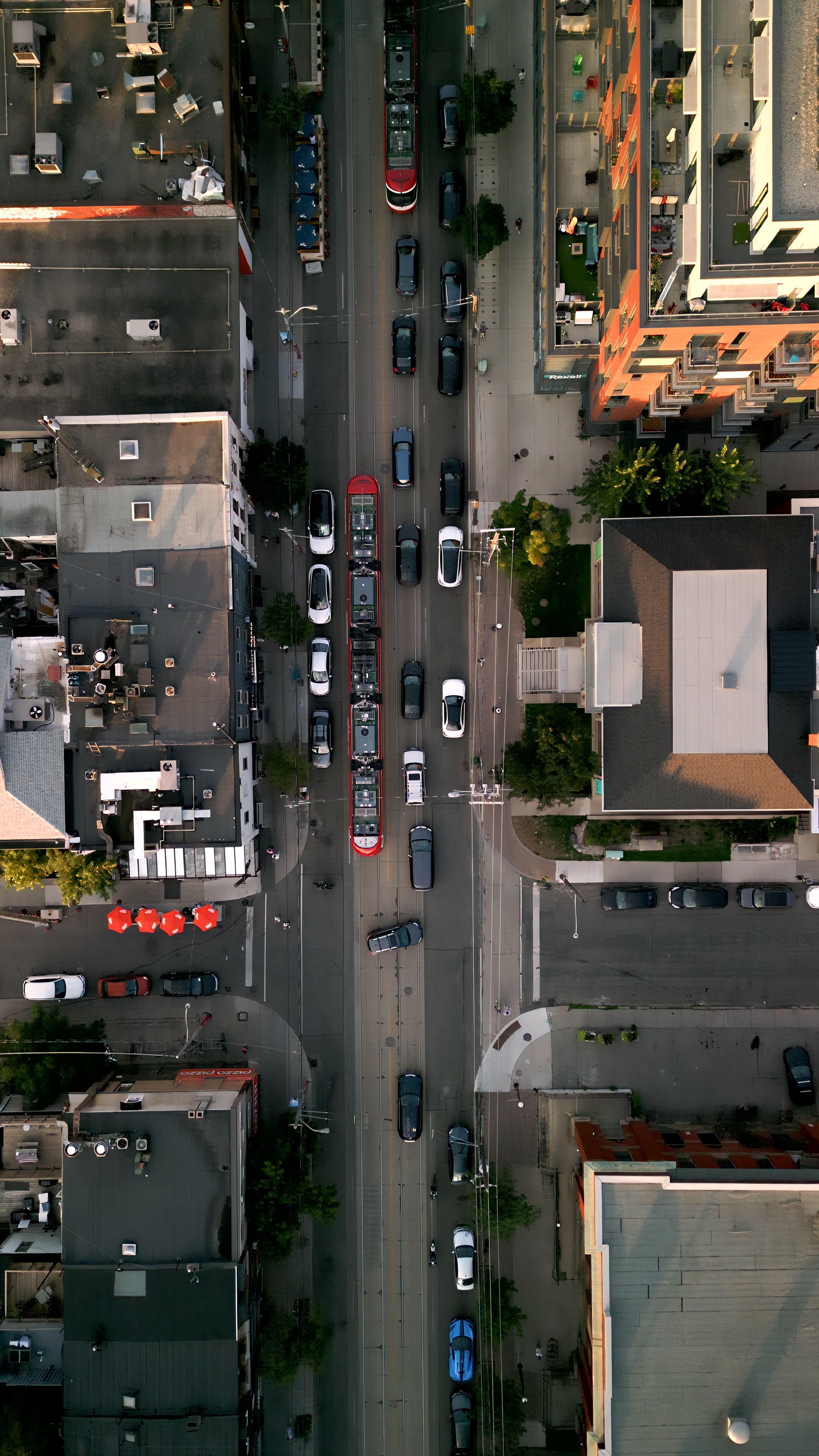 Toronto City Street Traffic with Tram - Top Down at golden hour — 4K stock footage