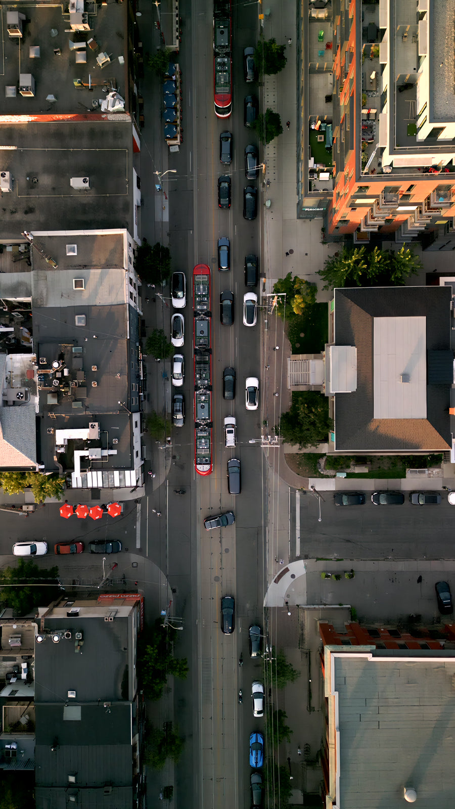 Toronto City Street Traffic with Tram - Top Down