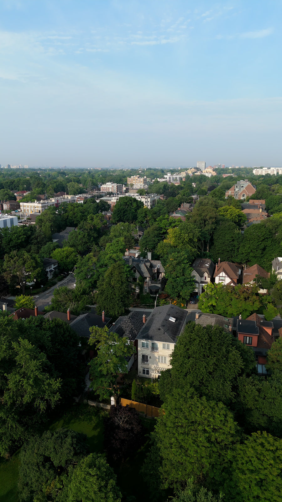 Lush Green Residential Neighborhood with City Skyline - 5K Aerial