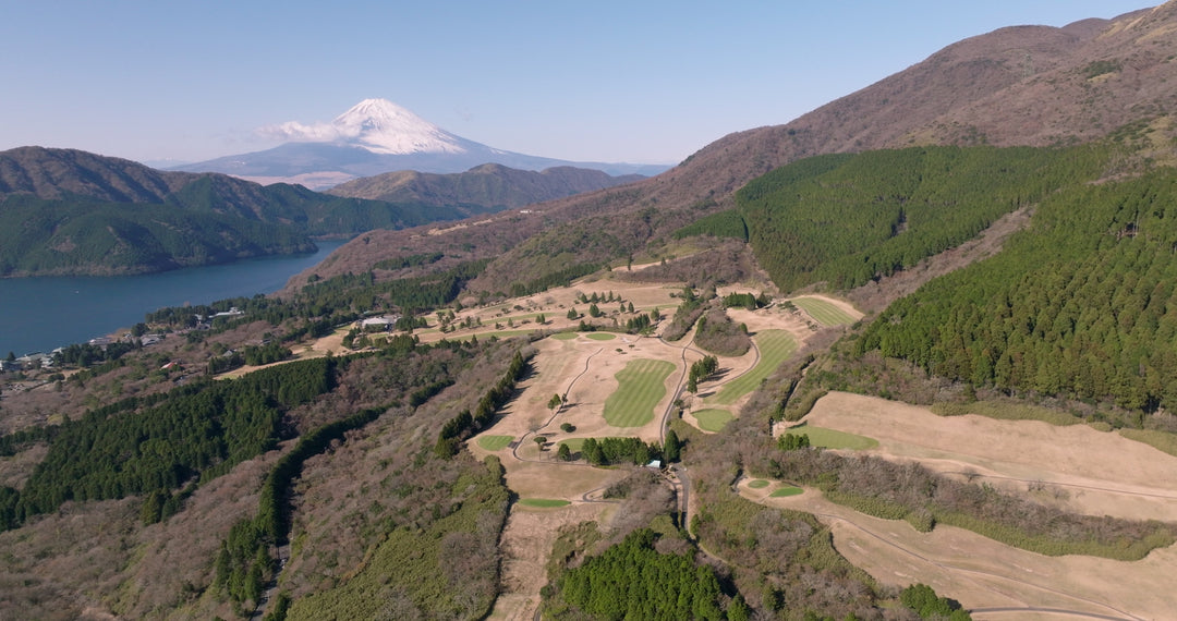 Hakone Lake Ashi Golf Course with Mount Fuji - Aerial in Japan — 4K stock footage
