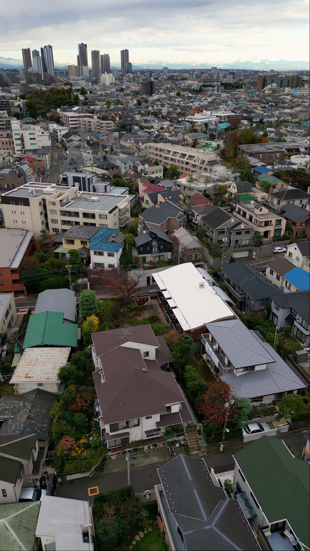 Japanese Suburban Neighborhood and City Skyline - Aerial in autumn — 4K stock footage