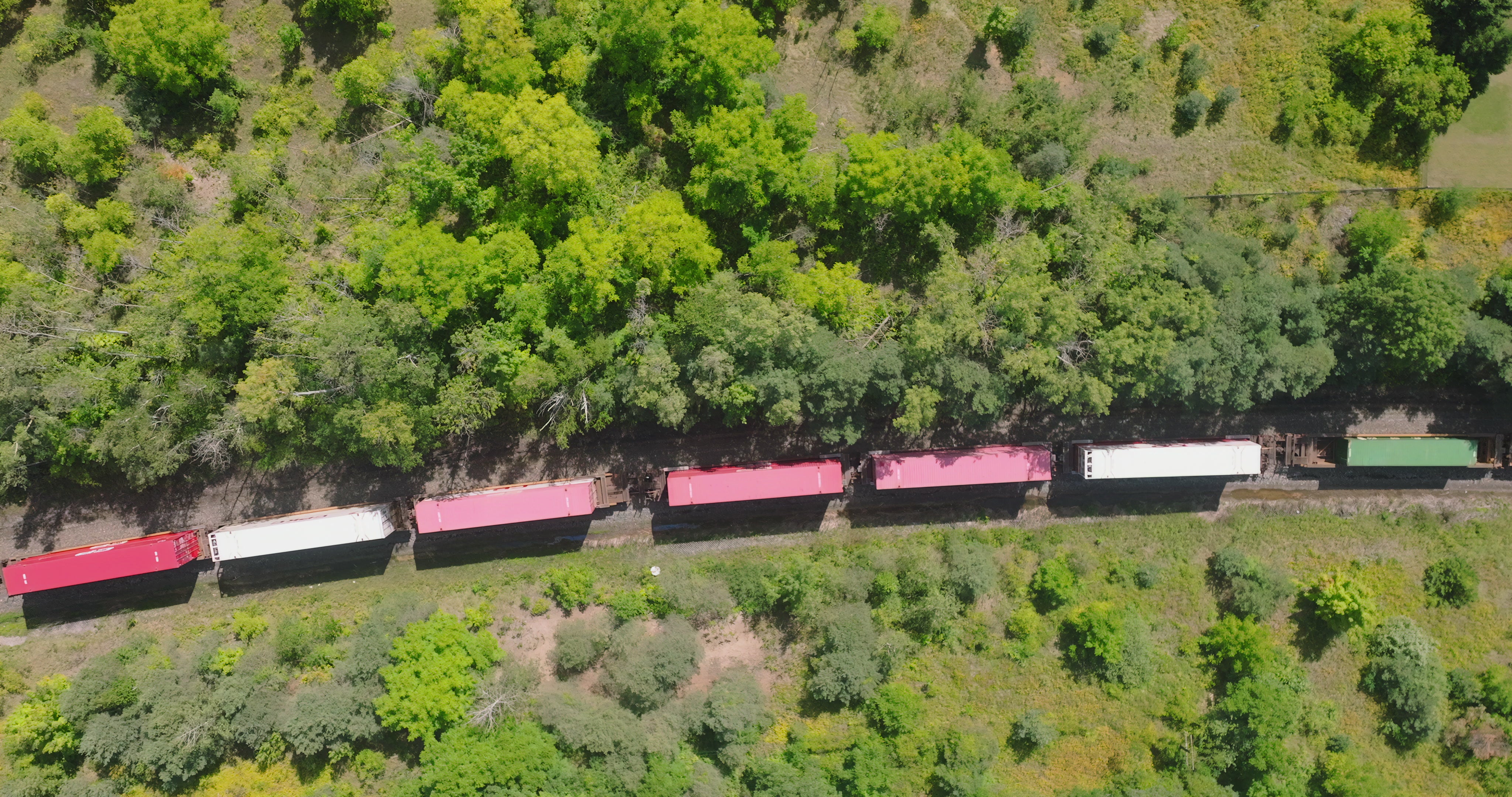 Freight Train Through Forest - Top Down in Toronto in summer — 4K stock footage