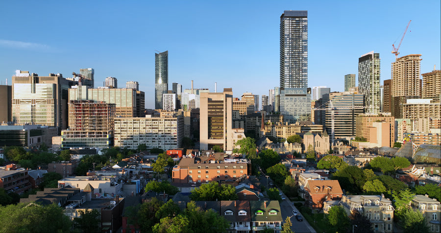 Toronto City Skyline Aerial View with Residential Neighborhood and Construction Cranes