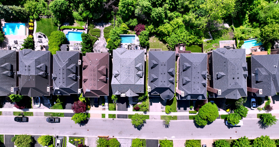 Luxury Residential Houses with Swimming Pools - Top Down in summer — 4K stock footage