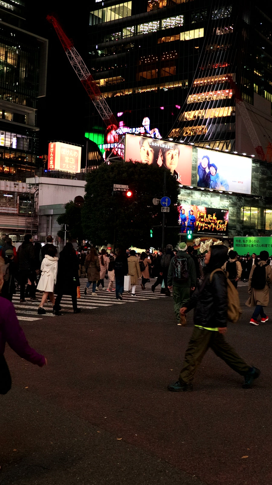 Shibuya Crossing Night Crowds and Neon Billboards