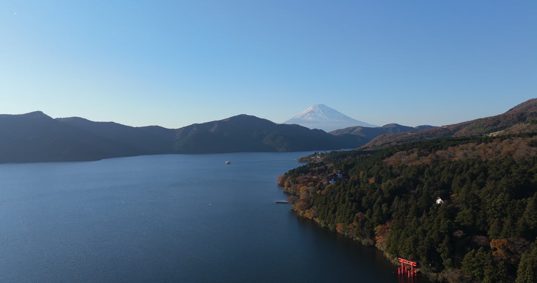 Mount Fuji and Lake Ashi with Red Torii Gate - Autumn Aerial in Japan — 4K stock footage
