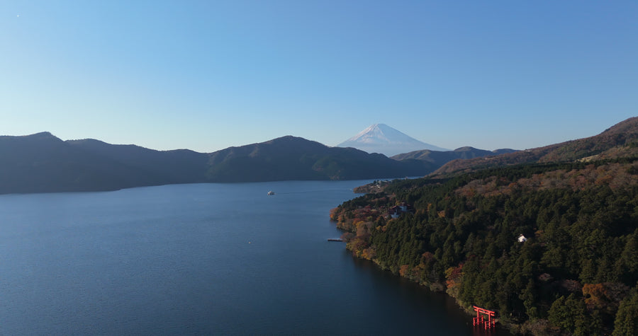 Mount Fuji and Lake Ashi with Red Torii Gate - Autumn 4K Aerial
