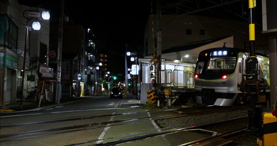 Night Train at Japanese Railway Crossing with Pedestrians