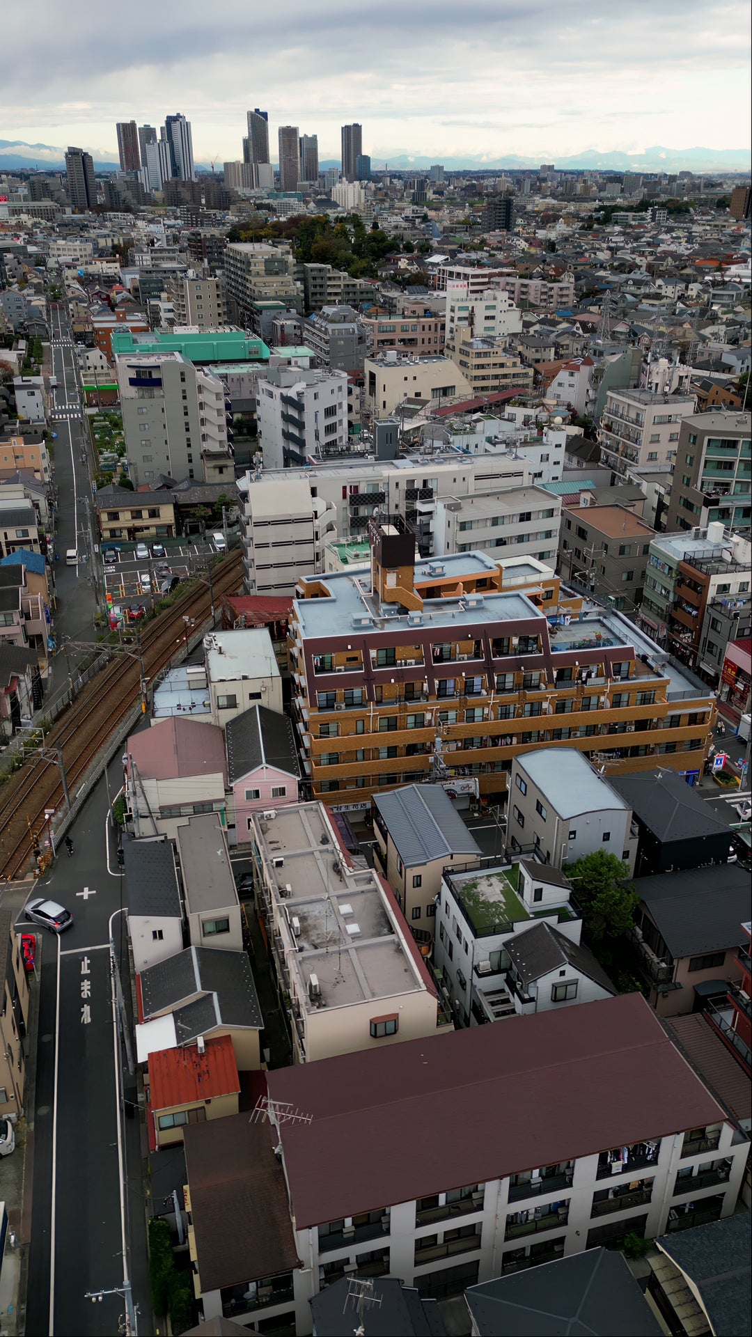 Tokyo Suburban Neighborhood with Distant Skyline - Vertical Aerial Pan — 4K stock footage