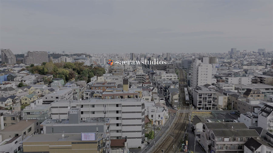 Tokyo Suburban Railway and Rooftops - Aerial