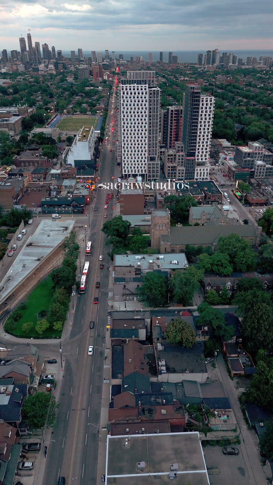 Toronto Streetcar Street at Dusk - Forward Pass Aerial
