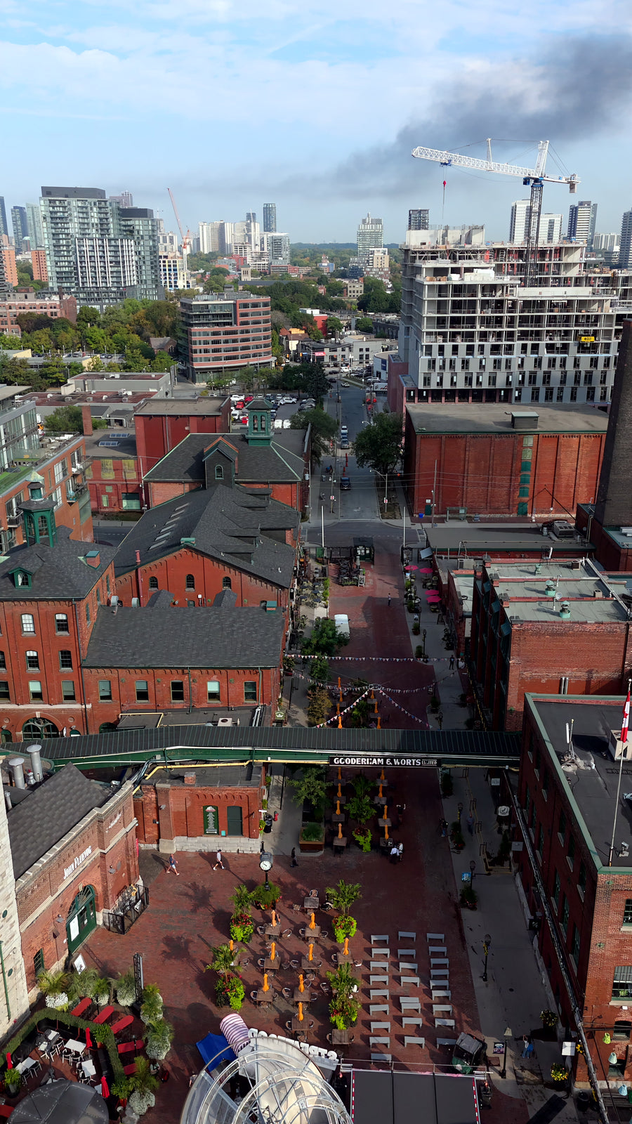 Toronto Distillery District with Modern Skyline - Aerial