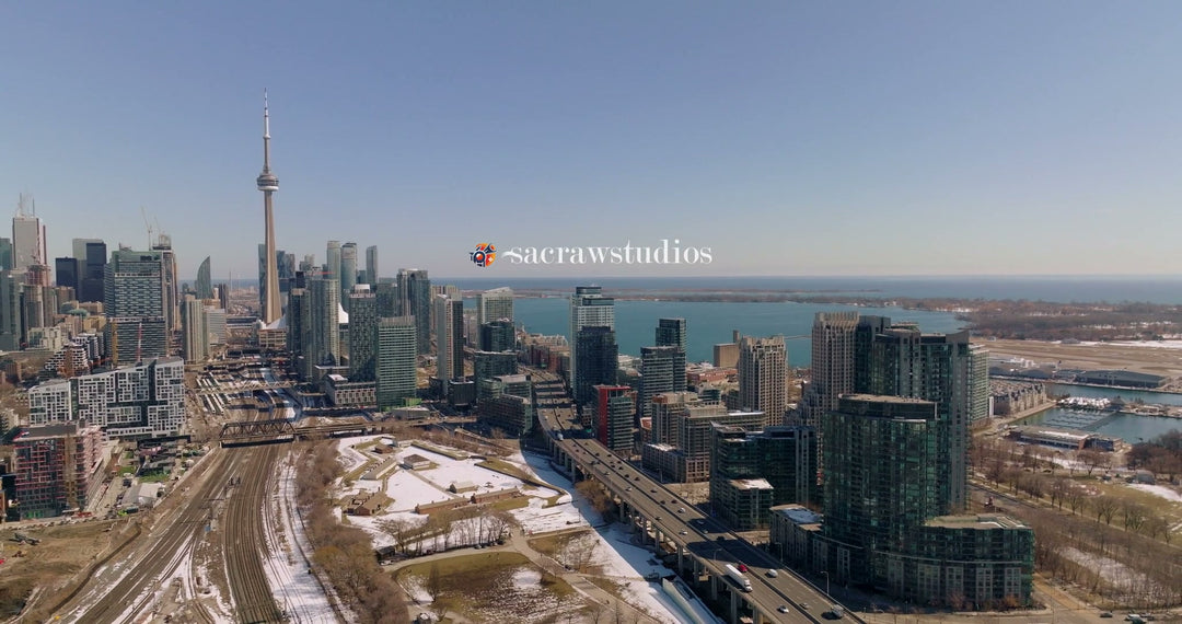 Aerial view of Toronto skyline with CN Tower in winter