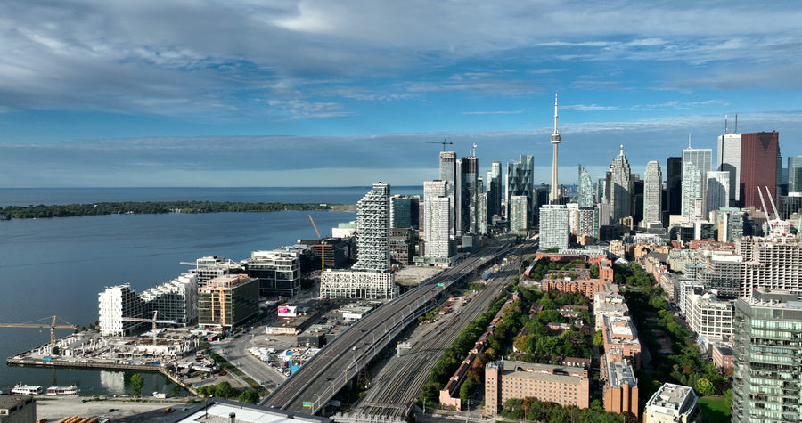 Toronto Skyline Wide-Angle Tracking at Sunset - 5K Aerial