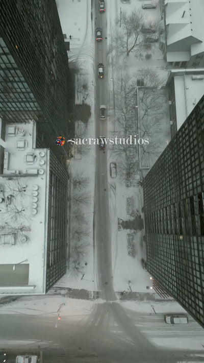 Toronto Downtown Street Snowstorm Traffic - Top Down